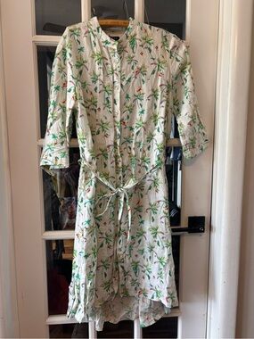 Women's White Tropical Print Asymmetrical Button-Front Dress with Tie waist. L